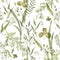 Green herbs and meadow weeds watercolor seamless pattern.