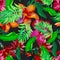 Green Hibiscus Garden. Red Flower Texture. Purple Watercolor Plant. Yellow Floral Set. Orange Seamless Decor. Colorful Pattern Pri