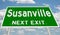 Green highway sign for Susanville next exit
