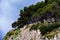 Green hill, tropical island, clouds and rocks