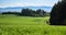 Green hilly landscape with Giant Mountains, Czech: Krkonose, on skyline, Czech Republic.