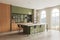 Green home kitchen interior with bar counter and panoramic window