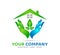 Green house community model abstract, leaf in hands real estate logo vector.