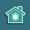 Green House with shield icon isolated on green background. Insurance concept. Security, safety, protection, protect