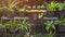 Green houseplants in black plastic pots hanging on steel shelf decoration with irrigation watering system in gardening area