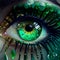 Green human eye with many emeralds glued, close-up, unusual beauty design, Mike-up.