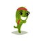 Green humanized cactus running with smiling face. Funny succulent plant with red headband. Flat vector icon