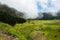 Green humid farm field with clouds in canyon of