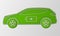 Green hybrid car in paper art style. Electric powered environmental vehicle. Contour automobile with battery sign.