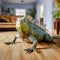 Green iguana on the floor in the living room of a house. selective focus. Generative AI