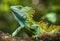 green iguana head and spikes, closeup head of green iguana, AI generated