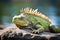 green iguana sunbathing on brown rocks
