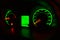 Green illuminated dials on dashboard