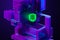 Green Illuminating Neon Bright Cube On Abstract Geometric Foursquare Figures And Violet Background. 3d Rendering