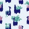 Green indoor plants in blue animal pots, seamless pattern