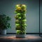 Green indoor vertical tower featuring sustainable lettuce cultivation