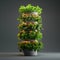 Green indoor vertical tower featuring sustainable lettuce cultivation