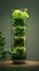 Green indoor vertical tower featuring sustainable lettuce cultivation