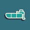 Green Inflatable boat with outboard motor icon isolated on green background. Long shadow style. Vector