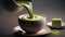 green Japanese matcha tea with milk .The drink is poured into a white cup .Generative AI