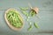 Green Japanese Soybean in wooden bowl on table wood