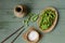 Green Japanese Soybean in wooden bowl on table wood