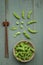 Green Japanese Soybean in wooden bowl on table wood