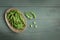 Green Japanese Soybean in wooden bowl on table wood