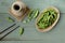 Green Japanese Soybean in wooden bowl on table wood