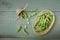 Green Japanese Soybean in wooden bowl on table wood