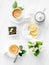 Green jasmine tea ceremony with marshmallow, topview