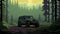 Green Jeep Crossing Forest: Tonalist Cartoon Scene With 8-bit Style