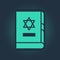 Green Jewish torah book icon isolated on blue background. On the cover of the Bible is the image of the Star of David