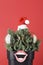 Green juniper with santas hat , glasses and lips on red background with copy space