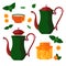 Green kettle. Mint tea. Mint. Apricot. Vector illustration. Apricot jam.