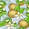 Green kiwi fruit and white flowers with green leaves isolated on blue background. Kiwi animation doodle drawing hand work.