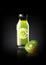 Green Kiwi juice in a glass bottle for design advertisement and vintage logo, fruit, transparent, Vector
