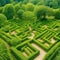 Green labyrinth. Plant maze. Garden. Aerial view of green labyrinth garden