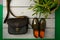 Green lacquered oxford shoes and crossbody bag on wooden background near flower pot. Top view. Close up. Copy space