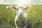 green lamb sun farm grass wool sheep animal meadow field. Generative AI.