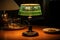 A green lamp sitting on top of a wooden table. Generative AI image.