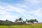 Green landscape near the village of Hanga Roa, on Easer Island, against a blue sky covered by white clouds.