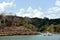 Green landscape of Panama Canal, view from the transiting cargo ship.