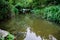 Green landscape with waterfall and reflection in the river MourÃ£o, AnÃ§os - Sintra, Portugal