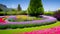Green lawn in a colorful landscaped formal garden. Beautiful Garde