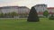 Green lawn with shrubs and trees in the city near the road and buildings