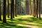 Green lawn walkway under pine trees