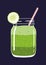 Green layered smoothie in mason jar with cucumber slice and swirled straw. Vector hand drawn illustration.
