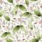 Green leaf and wild burgandy colored  flower seamless pattern