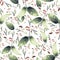 Green leaf and wild burgandy colored  flower seamless pattern